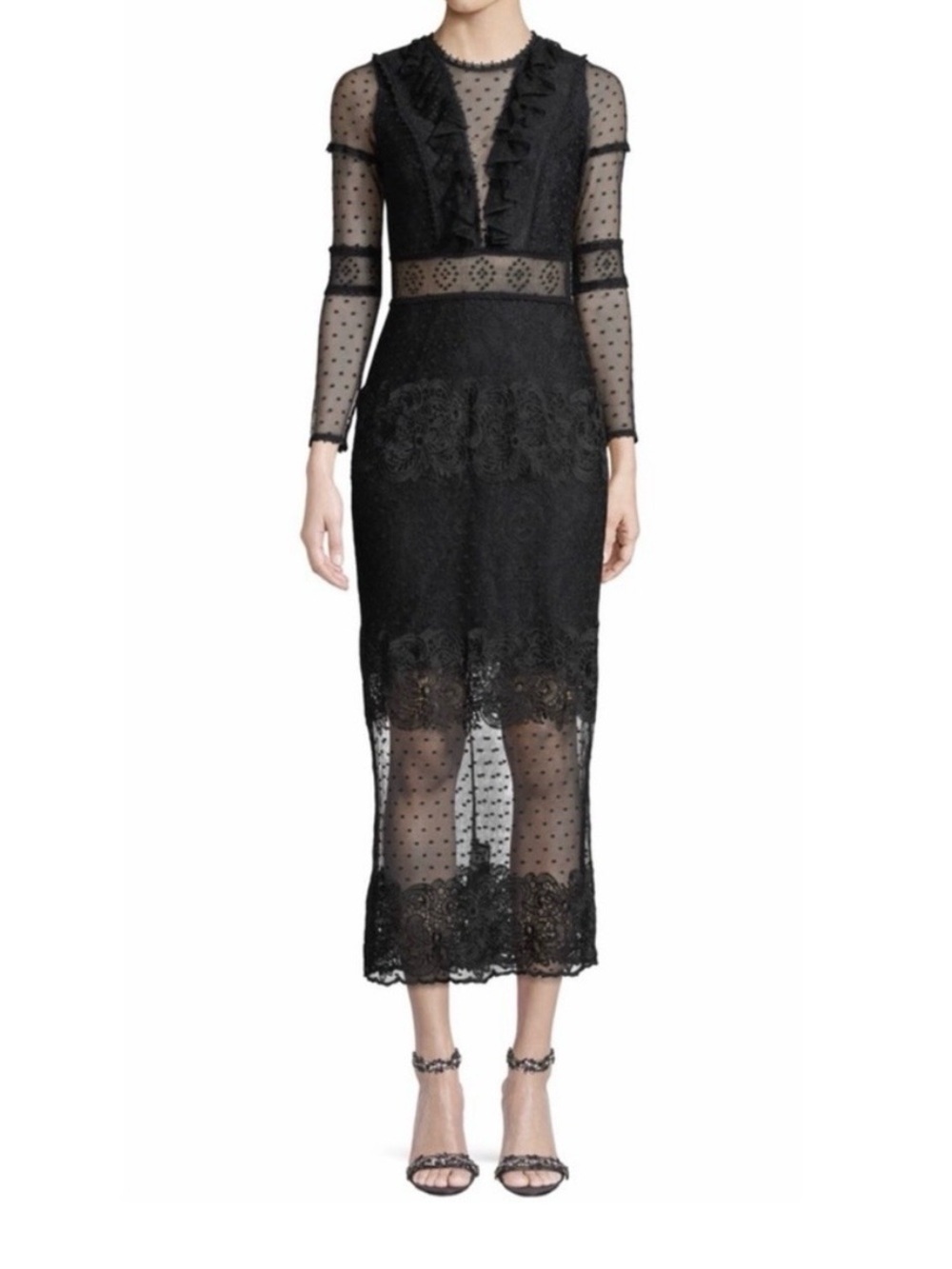 Alexis Elize Long Sleeve Lace Midi Evening Dress in Black Small